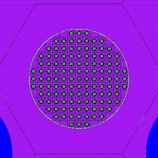 Blue holes stand for He channels, while the remaining violet colour represents the graphite matrix.