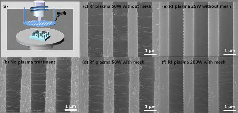 Figure 10 shows the SEM images of the effects of metal mesh against plasma etching effect under H 2 gas plasma.