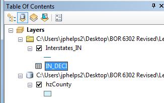 Right-click the IN_DECI.dbf table in the Table of Contents and choose Open from the context menu to open the table.