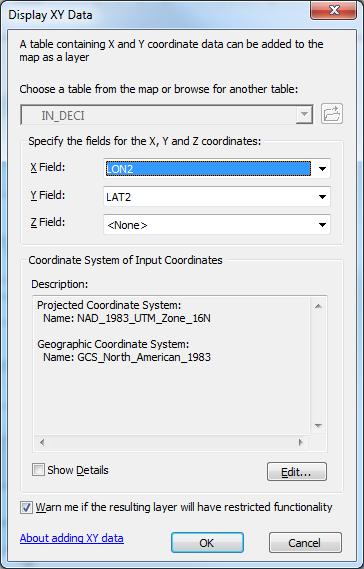 For table containing XY fields, you need to specify the coordinate system in which the coordinates are stored. To do this: Click the Edit button.