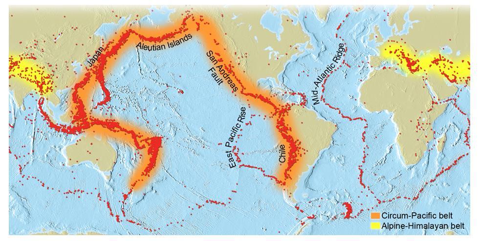 Earthquakes Around the World Earthquakes happen around tectonic plate boundaries., border of the Pacific Ocean., from southern Asia to the Mediterranean region.