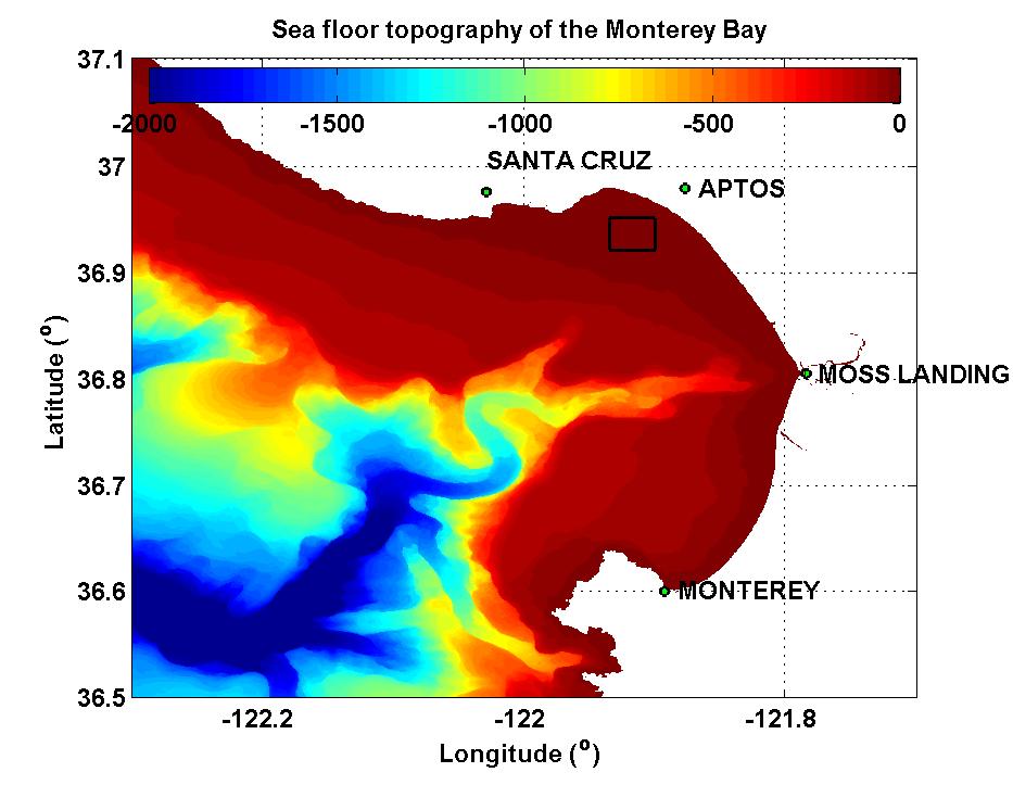 11:00 PM PDT and 1: 00 AM PDT, the time period of expected maximum occurrence and intensity of thin plankton. Figure 2. a) Map of the complex topography within and offshore of Monterey Bay.