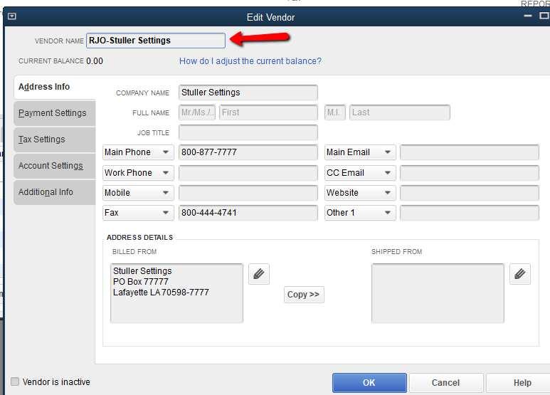 PAYING & ENTERING RJO BILLS QuickBooks will not allow you to pay two separate vendors (like Stuller & Rembrandt Charm Co) on one check and have the payee be "RJO".
