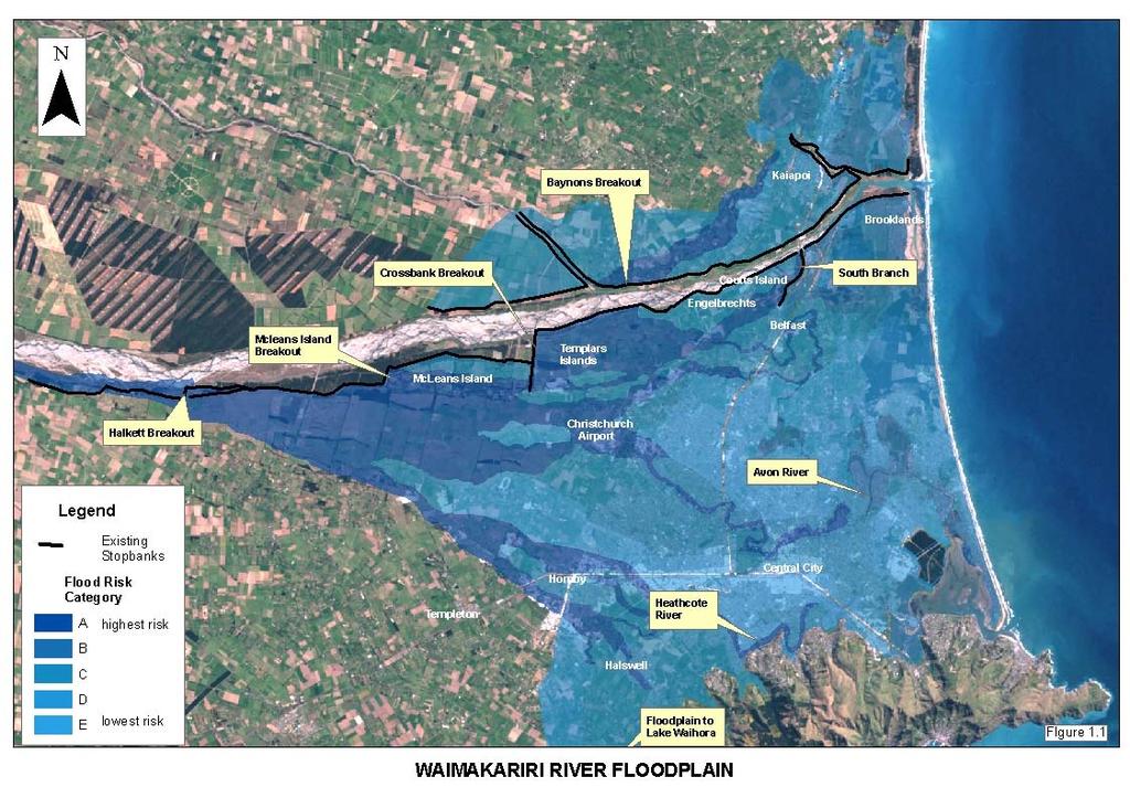 Figure 1 Waimakariri River floodplain and location of primary embankments This paper describes the investigations that have been