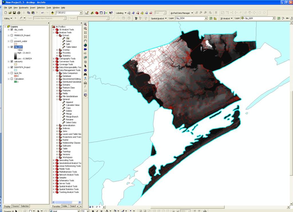 4. Next, clip the DEM with the county shapefile using the Spatial Analyst > Raster Calculator.