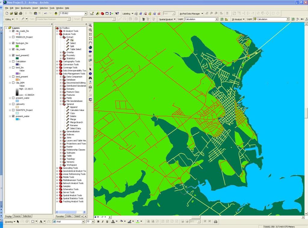 8. To determine the length of roads which are not flooded by the sea level rise, clip the roads shapefile to the new 5m polygon.