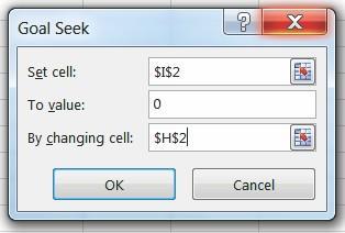 Click on Goal Seek and fill the obtained pop-up screen as shown in Figure 40. Cell H value will change to 45, that is the first coordinate of the intersection point. Figure 39 Figure 40 g.