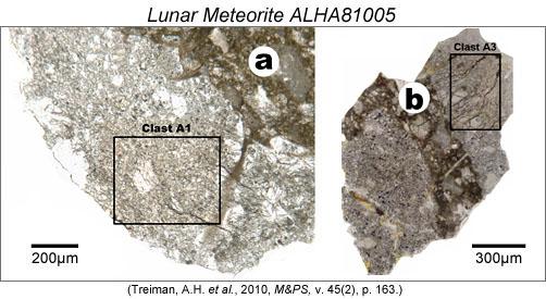 4 of 8 Two thin-section photomicrographs taken in reflected light showing lighter-colored granulite clasts and darker regolith matrix in