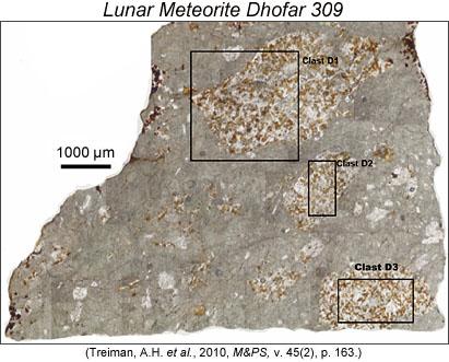5 of 8 A thin-section photomicrograph taken in reflected light showing three lighter-colored granulite clasts (black outlines) analyzed by Treiman and colleagues.
