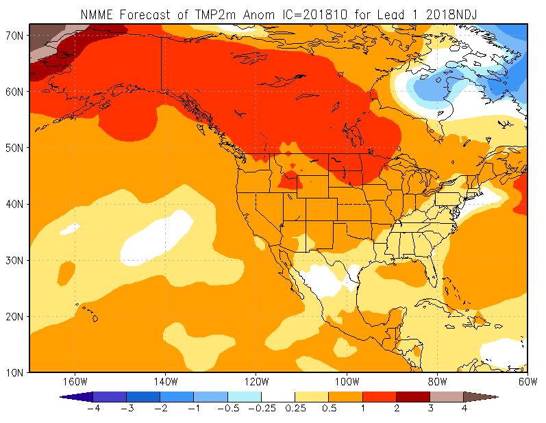 Three month spatial anomalies maps for precipitation (Figure 9) and temperature (Figure 10) covering the November 1 to January 31 forecast period are provided here.