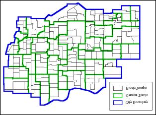 Map C depicts different polygon features, including a city boundary, census tracts, and block groups.