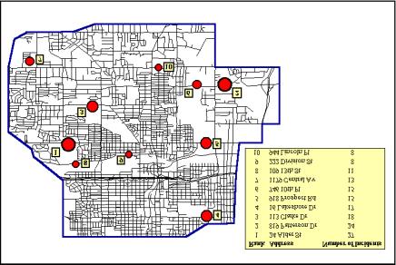 Map 2.2 is a depiction of only the ten locations with the highest frequencies of auto theft.