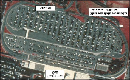 Map 2.3 depicts the most frequent location for auto theft during the past year, a mall parking lot.