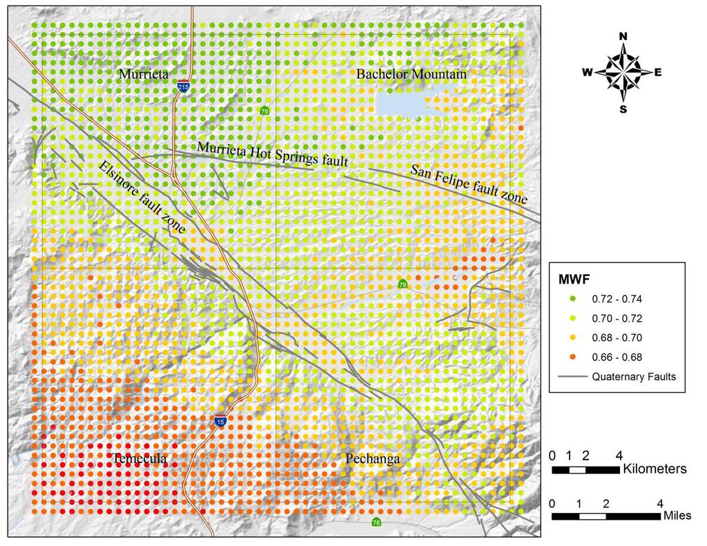 Figure 4. Magnitude weighting factor (MWF) for liquefaction hazard zone mapping analysis.