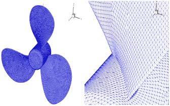 ,0 (2),0 (3) Fiugure3: Propeller 3D model and mesh grids. Table 1: Principal particulars of propeller model. Diameter (m) 0.3m EAR= A E /A 0 0.5 N. of Blade 3 Hub ratio 0.