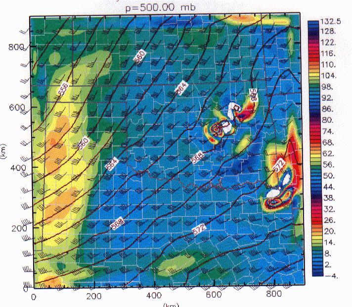 A 500mb plot showing small-scale disturbances associated