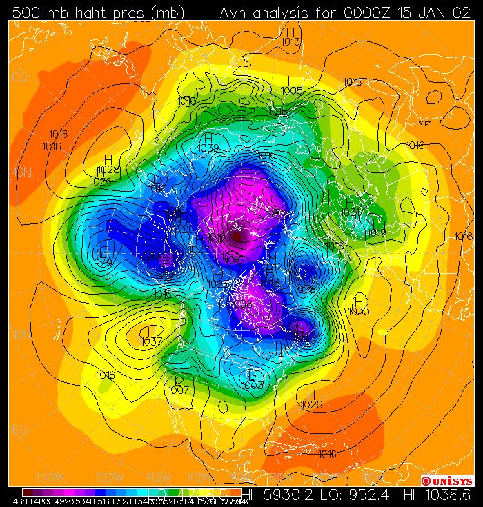Hemi-spherical plot of 500mb height (color) and MSL pressure (contours)