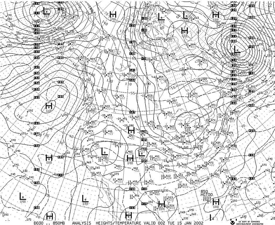 National Weather Service 850mb (computer generated synoptic-scale weather chart) for northern America for 6pm CST, January 15, 2002.