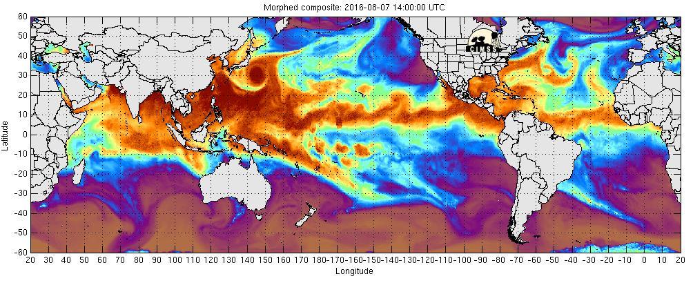 Mimic TPW (SSEC/Wisconsin) Global water vapor distribution is concentrated at lower latitudes owing to warmer