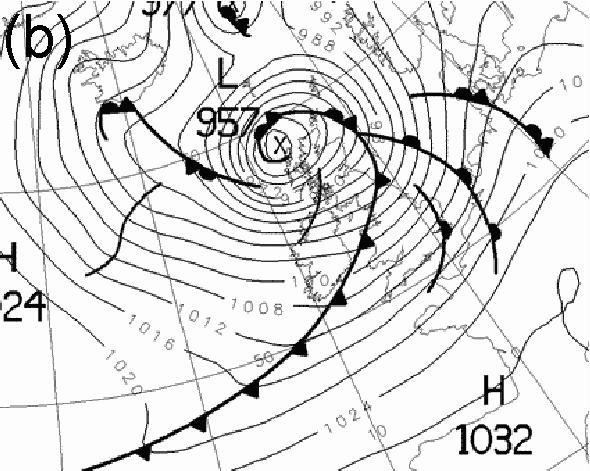 UTC 8 December 211 ( c Crown copyright), and (c) model-derived mean sea level pressure (black contours) every 4 hpa and 85 hpa equivalent potential