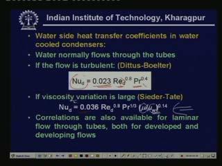 Now let us look at water cooled condensers and see how to calculate water side heat transfer coefficients in water cooled condensers.