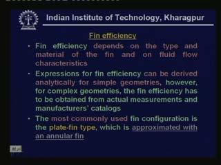 Now let us look at fin efficiency in finned heat exchanger we have to find fin efficiency fin efficiency depends on the type and material of the fin and on
