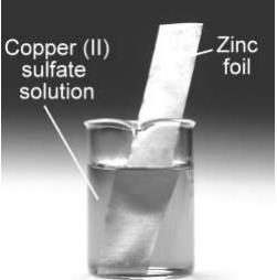 4 4. A piece of zinc foil was dipped into a beaker containing copper(ii) sulphate solution as shown in the diagram below. The reactants were left for a whole day to allow them enough time to react. a. Write a balanced equation to represent this reaction, include state symbols.