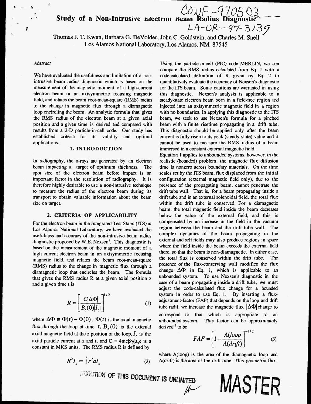 Study of a Non-Intrusrve blectron b n i F -910s Diagnosti &m~i Radius LA-OP--77-3/37 Thomas J. T. Kwan, Barbara G. DeVolder, John C. Goldstein, and Charles M.