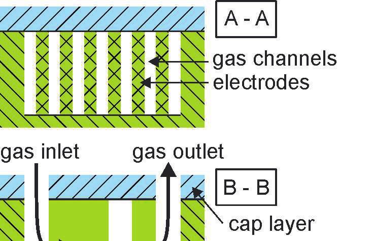 (a) (b) Fig. 2 Concept of the miniaturized IMS-Chip (a) the presented chip device and (b) cross sectional view for visualization of the internal gas channels and electrodes.
