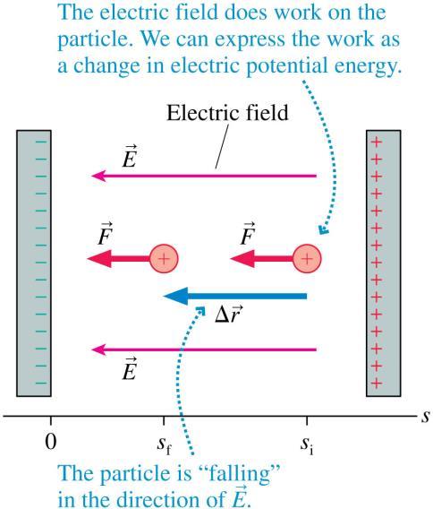 Electric Potential Energy in a Uniform Field A positive charge q inside a capacitor speeds up as it falls toward the