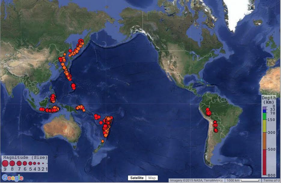 Locations where these deep large earthquake occur.