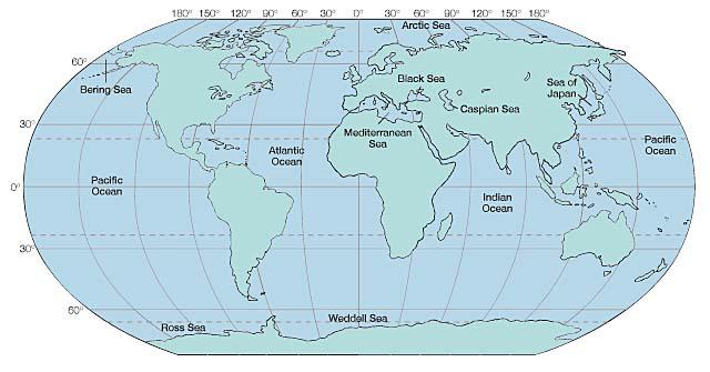 Distribution of the ocean and major seas on the earth's surface.