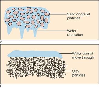 A. Sand and gravel have large, irregular particles with large pore spaces, so they have a high porosity. Water can move from one pore space to the next, so they also have a high permeability. B.