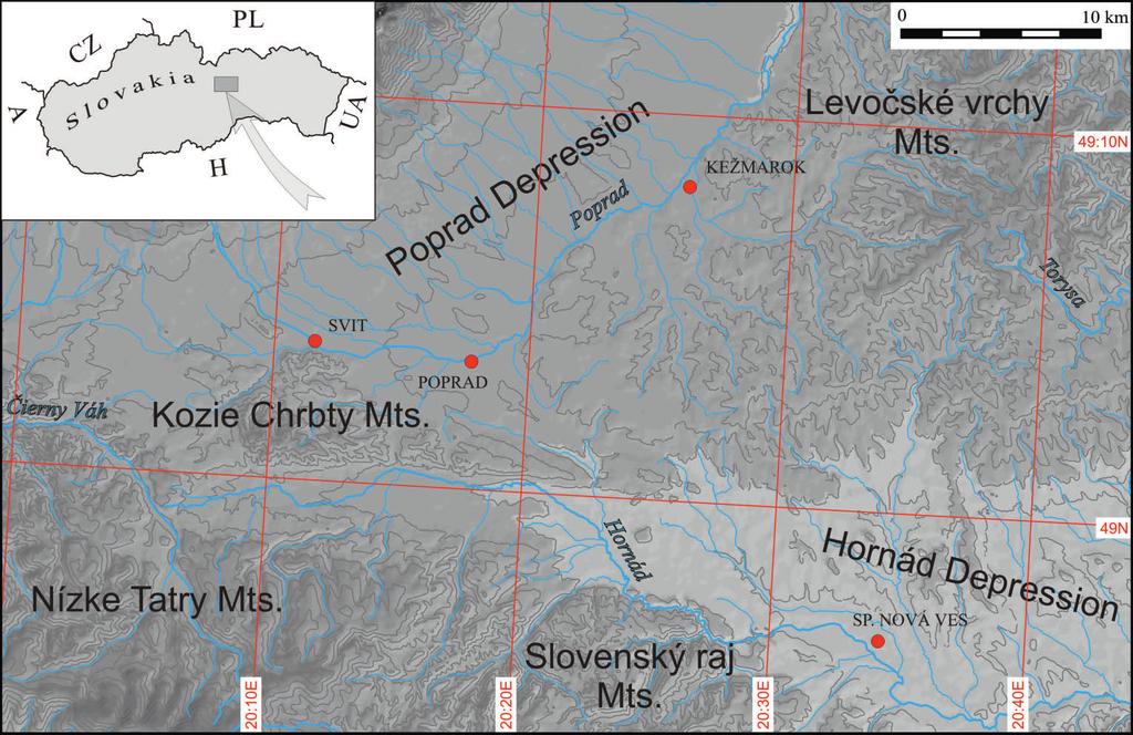 54 acta geologica slovaca, 4(1), 2011, 53 64 Fig. 1. Simplified digital terrain model of the study area shown by rectangle on the map of Slovakia. Obr. 1. Zjednodušený digitálny terénny model študovanej oblasti znázornenej na mapke Slovenska obdĺžnikom.