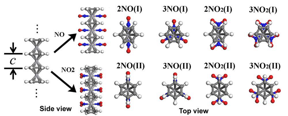 Figure 1. Atomic structure of VBNW with adsorptions of NO and NO 2 molecules.