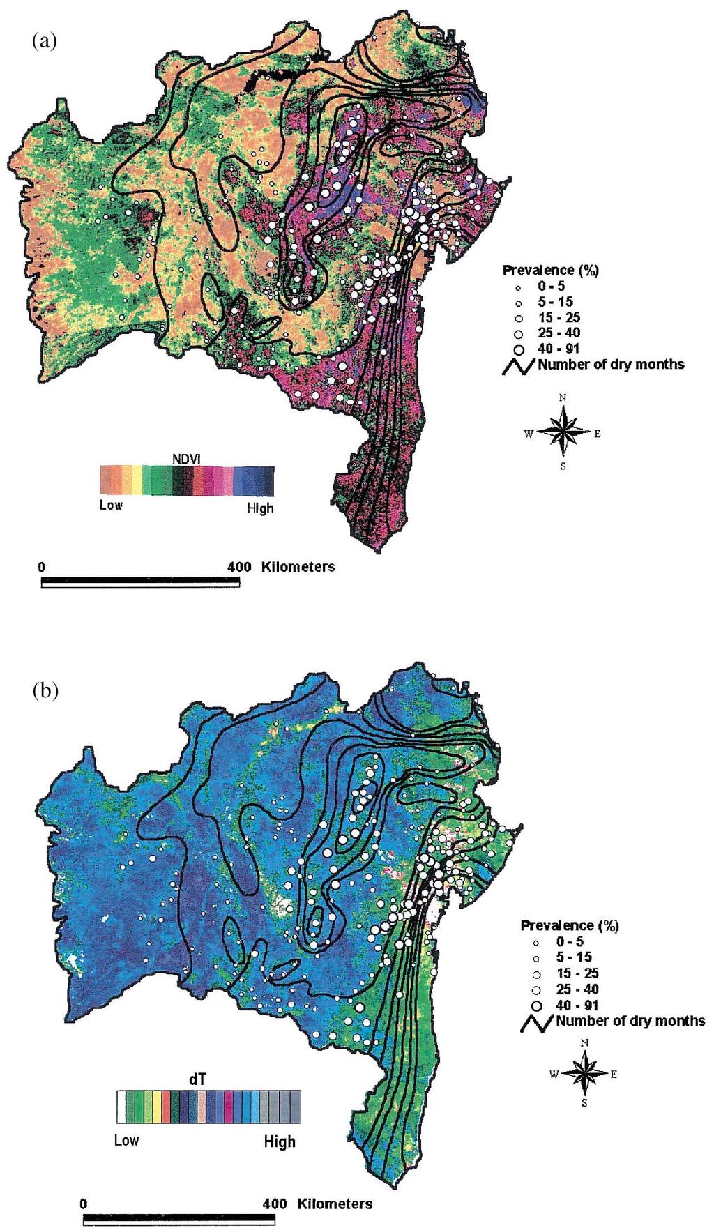 M.E. Ba ia et al. / Acta Tropica 79 (2001) 79 85 83 Fig. 2. Prevalence of S. mansoni and annual number of dry months overlaid on an annual composite NDVI map (a) (low=0 and high=0.