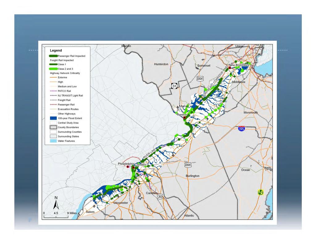 Rail Infrastructure Potentially Vulnerable to 1% Storm Event Medium GHG scenario for 2100 Legend - Passenger Rail Impacted Freight Rail Impacted - Ciass 1 - Class 2 and 3 Highway Network Criticality