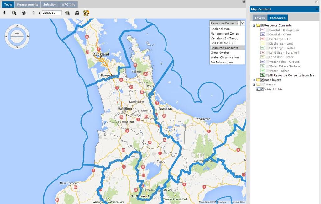 The map opens showing the whole region. TA boundary, regional boundary and Google maps are initially shown to give context. Main Workflows View Resource Consent location and details.