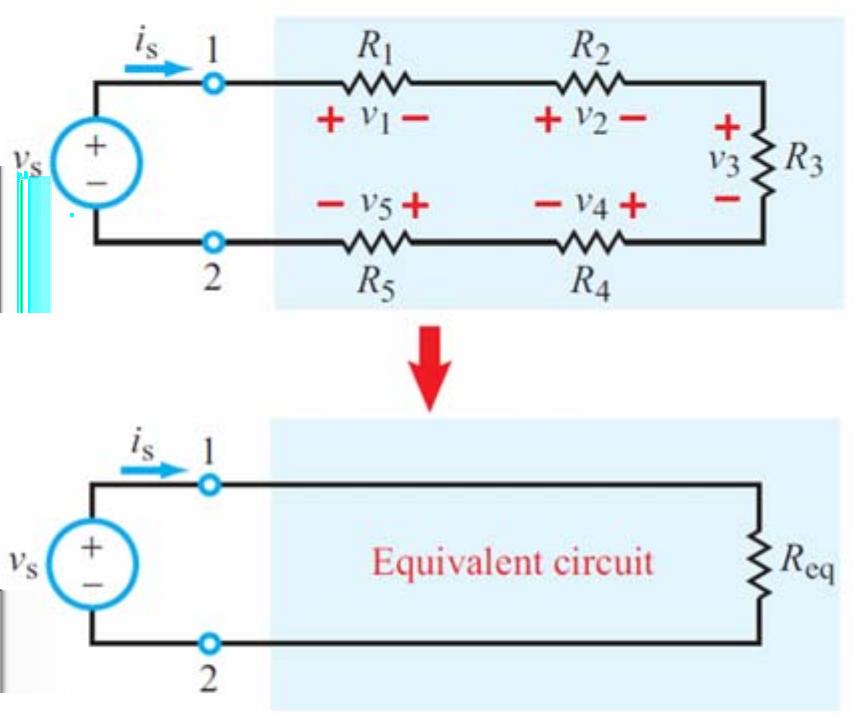 Example: Series resistors using KCL/KVL. Using KVL: Top circuit Figure 7: A series circuit.