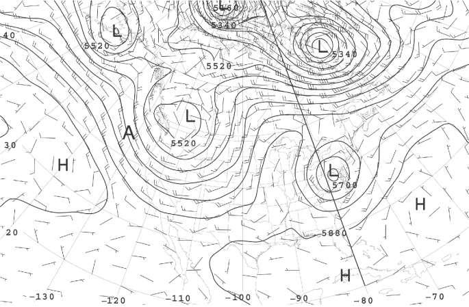 2. Geostrophic motion 500 hpa wind and geopotential height (gpm), 12 GMT June 21, 2003 over USA u g = g f z p p z z (u g, v g )= g, g f y f z x 5 knots 10 knots Note: Geopotential height (z GH z; see