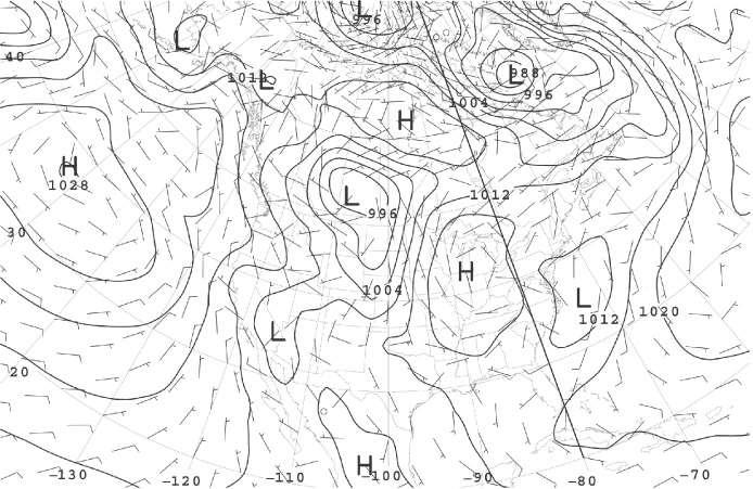 4. Sub-geostrophic flow Surface pressure (hpa) and wind (kn), 12