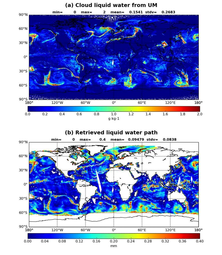 Figure 2: (a) Cloud liquid water mixing ratio [g kg -1 ] from the UM forecast and (b) retrieved liquid water path [mm] from AMSU-A observations at 00 UTC November 7 2012. 3.