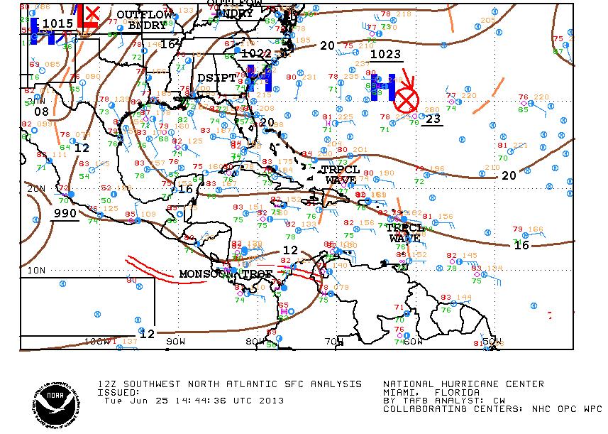 Figure 1a. NHC Surface Weather Map for 9:00 am, Tuesday, June 25, 2013, showing location a tropical wave over Hispaniola and a second tropical wave crossing the Lesser Antilles.
