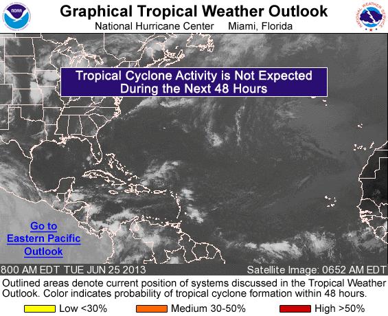Figure 4. NHC 72-hour forecast surface weather map, valid for 6: 00 pm Thursday, June 27, 2013, showing tropical wave reaching the coast of Nicaragua.