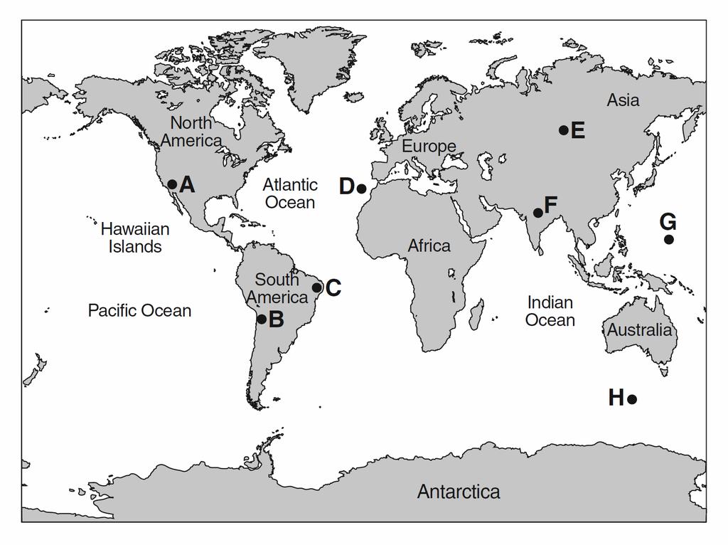 Name Midterm Review Earth Science Constructed Response Base your answers to questions 1 and 2 on the world map below. Points A through H represent locations on Earth's surface. 1. Identify the tectonic feature responsible for the formation of the Hawaiian Islands.