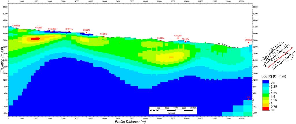 Report 10 111 Calderón Torres FIGURE 27: Chacana; Section 2 SW-NE cross-section with conductive anomaly in Jamanco zone at 12 km (modified from WesternGeco, 2012) FIGURE 28: Chacana; Section 3 SW-NE