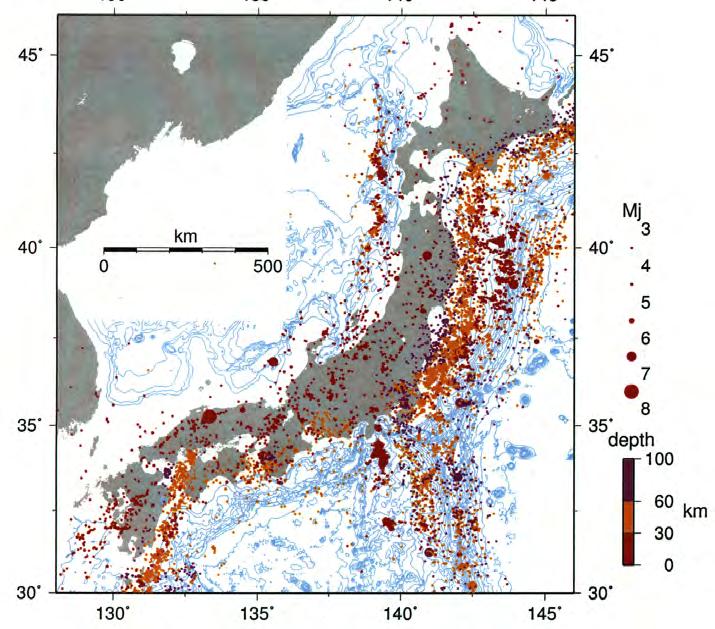 Earthquake types in and around Japan slab = subducted oceanic plate drawn by K.