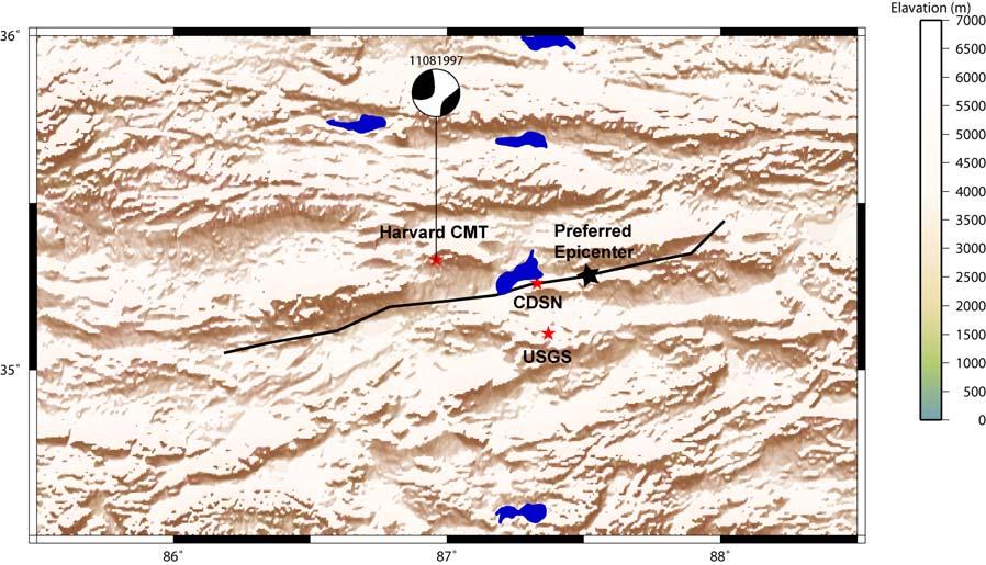 Figure 1. Map with proposed epicenters in red along with our preferred location for the November 8, 1997, Tibet (Manyi) earthquake.