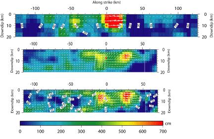 Three panels of slip distributions: top (teleseismic waveforms only), middle (geodetic only, InSAR), and bottom (combined teleseismic and