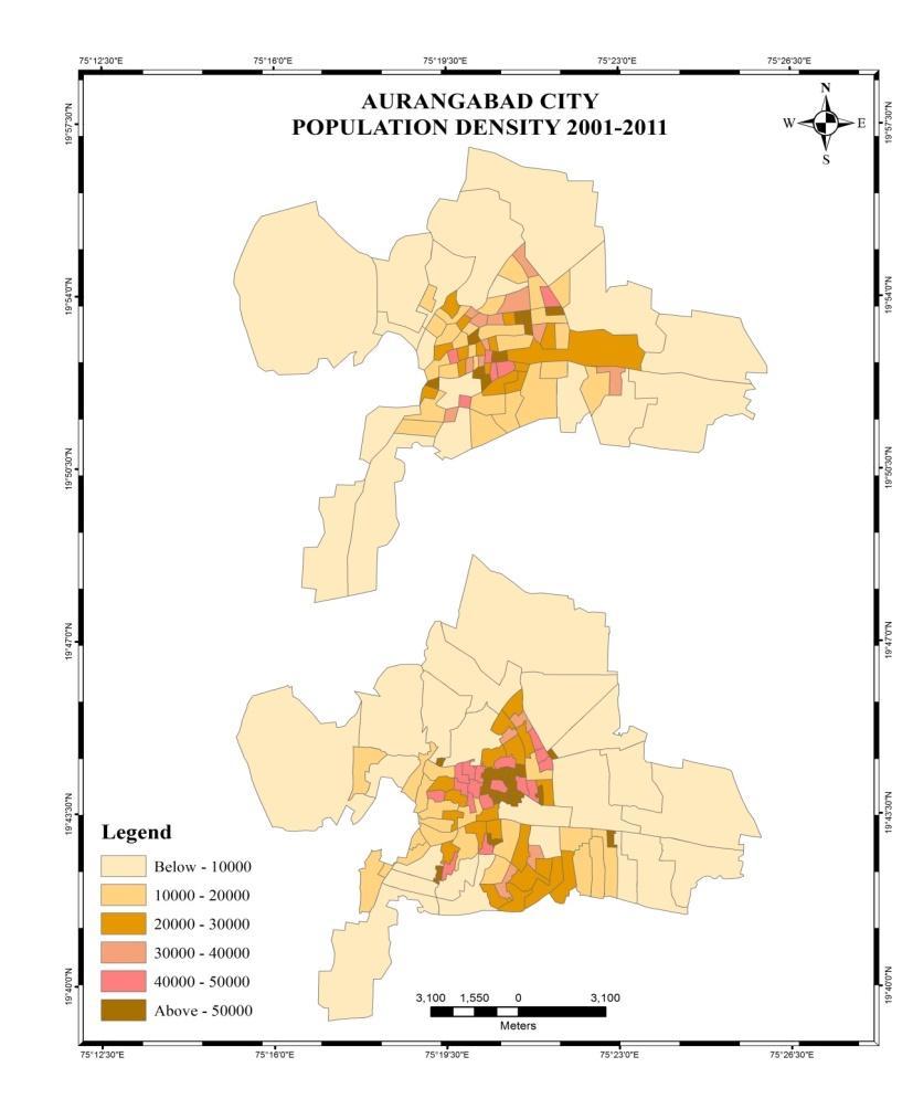 The average population density of Aurangabad city was 2143 persons per Sq.km in 1961, it increased up to 3689 and 5455 persons per sq.km in 1971 and 1981 respectively.